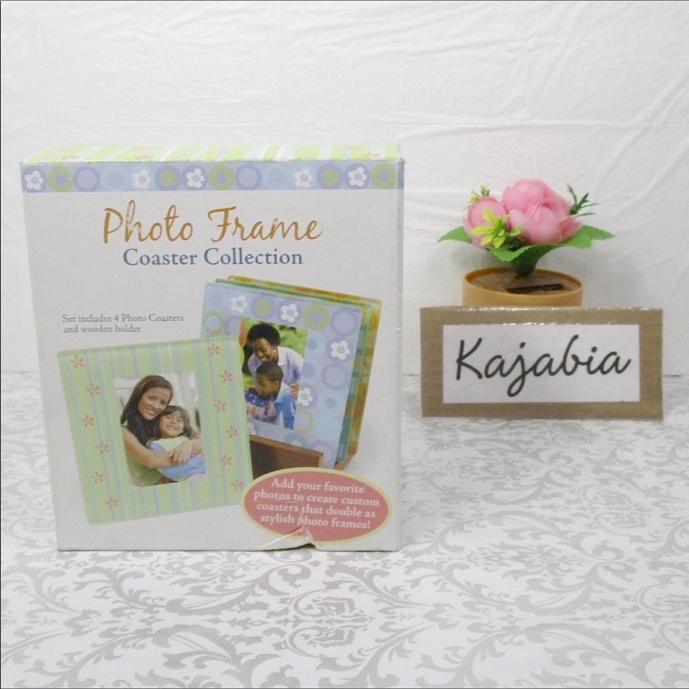 Set of 4 Glass PHOTO Coasters With Holder NIB